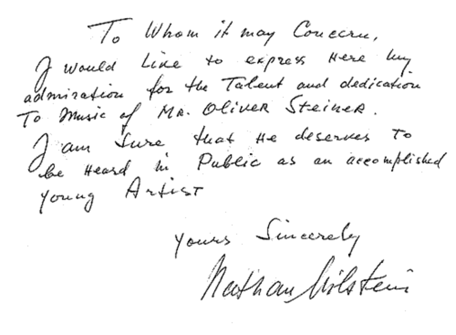 Handwritten letter from Nathan Milstein